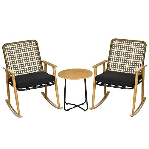 Outsunny 3-teiliges Gartenmöbel-Set mit 2 Schaukelstühlen und Couchtisch, Schwarz/Natur, inklusive Kissen
