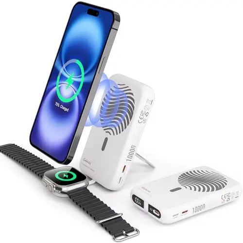 Galeces 10000mAh Powerbank mit 20W PD, Wireless Laden und Ständer für iPhone/Apple Watch (Weiß)