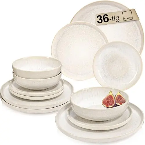SÄNGER Geschirrset Korfu 36-tlg. für 12 Personen, Handmade Steingut Tafelservice in Creme mit sandiger Maserung