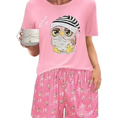 Demegimi Damen Kurzpyjama Baumwolle Sommer Set Rundhals