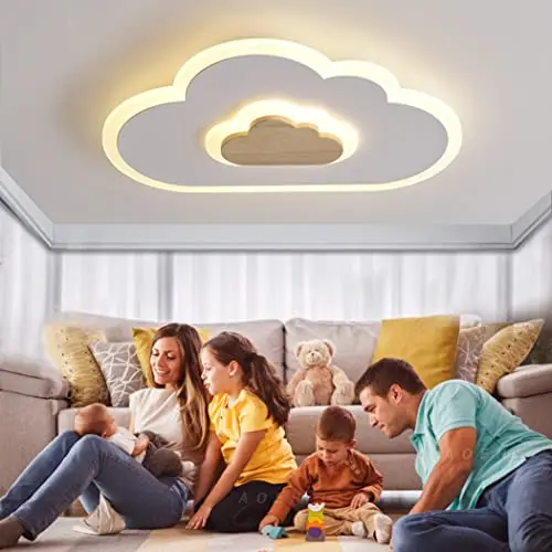AOEH LED Deckenleuchte für Schlafzimmer & Kinderzimmer, Wolken-Design, Holz, dimmbar mit Fernbedienung & Nachtlicht, 40 cm