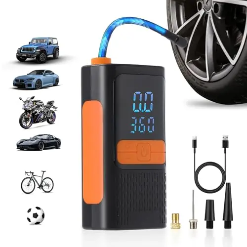 BPMIO Tragbare Elektrische Luftpumpe 12V mit LED Licht & LCD Display, USB-C Aufladung für Auto, Motorrad, Fahrrad und Ball