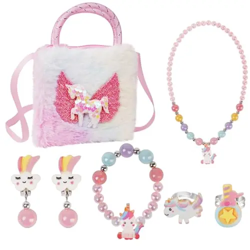 OSDUE Einhorn Handtasche und Schmuckset für Mädchen - 7-teiliges Set für Parties und Geschenke