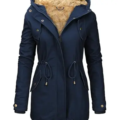 Nadeer Damen Winterjacke, lang, warm, gefüttert, Steppjacke, Kapuzenpullover, Marineblau, Größe S