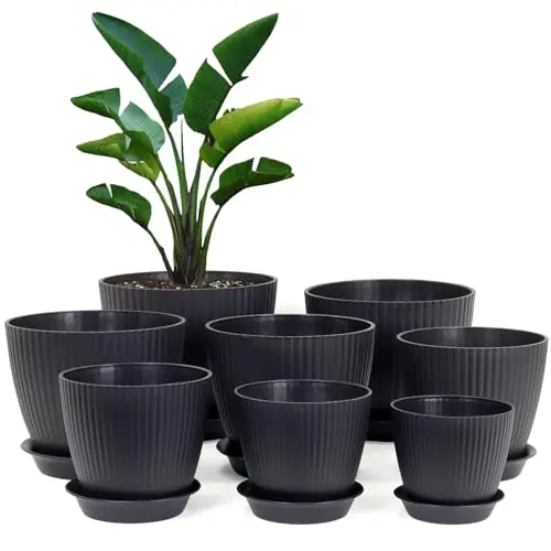 Homeuouz 8er Blumentopf Set mit Untersetzer, Kunststoff, ideal für Innen- und Balkongärten, Schwarz