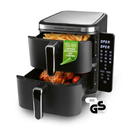 GOURMETmaxx FryUp Vertikale Doppelkammer Heißluftfritteuse – platzsparend und mit Touchdisplay, 10L Fassungsvermögen