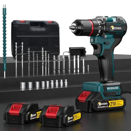 Bürstenloser 21V Akkuschrauber Set mit 2x2.5Ah Akku und Ladegerät, 35 Drehmomentstufen, Tragetasche