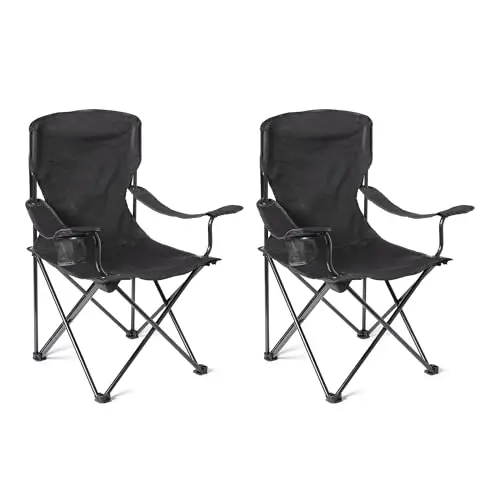 Amazon Basics Tragbarer Campingstuhl im 2er Pack, Wasserfest, mit Getränkehalter, stabiler Stahlrahmen, Schwarz, 72,5 x 52,5 x 93,2 cm