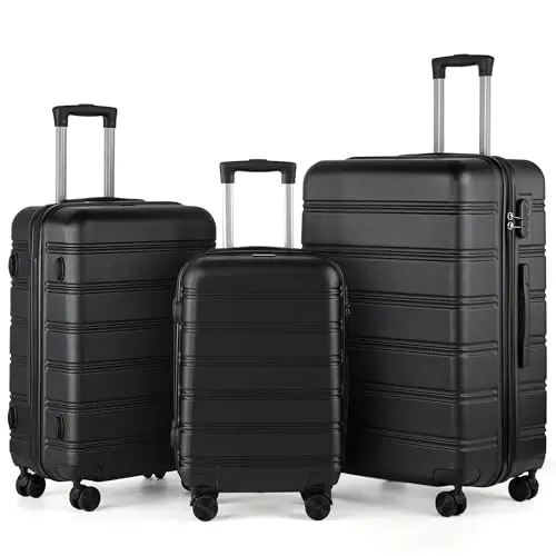 TANTOMI 3-teiliges Hartschalen Kofferset 20/24/28 Zoll mit 4 Rollen und Zahlenschloss, Schwarz