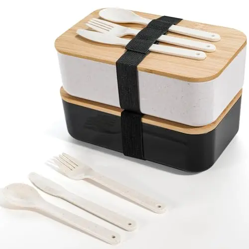 Cheerhom Bento Box Set 2er, Lunchbox mit Besteck und Tasche, 2000ml für Erwachsene und Kinder