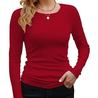 DUOEASE Damen Langarmshirt - Elegantes Basic Longsleeve in Rot
