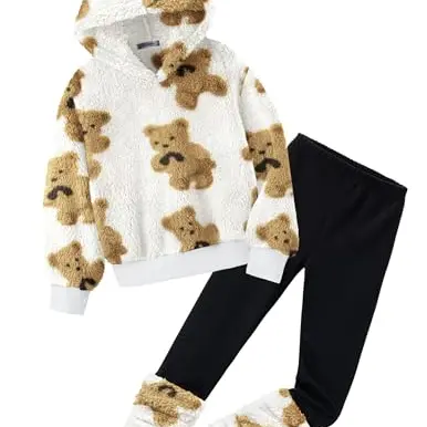Arshiner Mädchen Fleece Hoodie mit Leggings Set für den Winter, warm und kuschelig, 7-8 Jahre
