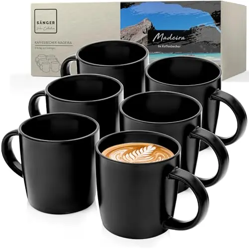 Sänger Madeira Kaffeebecher Set für 6 Personen, schwarze Steingut Tassen, spülmaschinen- und mikrowellenfest, 350 ml