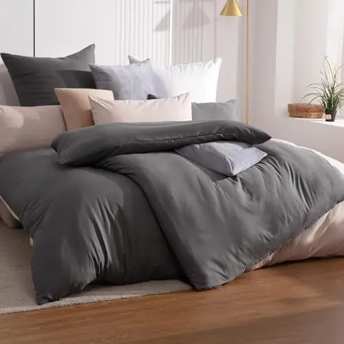 Soifox 4-teilige Bettwäsche 135x200 in Anthrazit – Mikrofaser, bügelfrei, inkl. 2 Bettbezüge + 2 Kissenbezüge 80x80 mit Reißverschluss