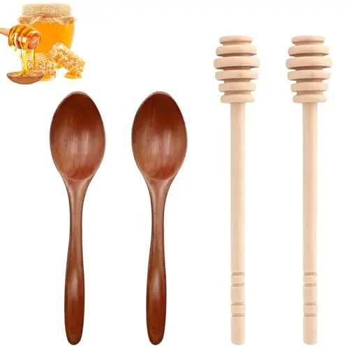 4er Set Honigrührer aus Holz, 14 cm Honiglöffel & 15 cm Honigheber, tropffreie Honigstäbchen