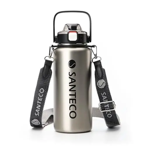 SANTECO Edelstahl-Thermosflasche 1,2l mit Strohhalm, BPA-frei, auslaufsicher, spülmaschinenfest, ideal zum Laufen und Wandern
