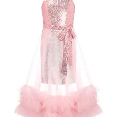 Mädchen Festliches Glitzer-Pailletten Kleid, Ärmellos, A-Linie, Knielang, Rosa