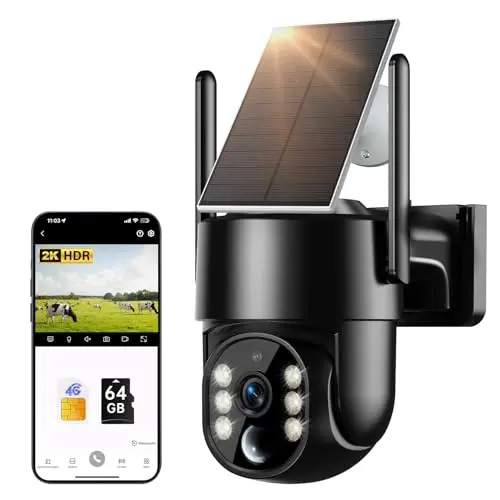 JUFLSKY 4G LTE Solar-Überwachungskamera 2K, 360° PTZ Außenkamera mit Nachtansicht und Zwei-Wege-Audio