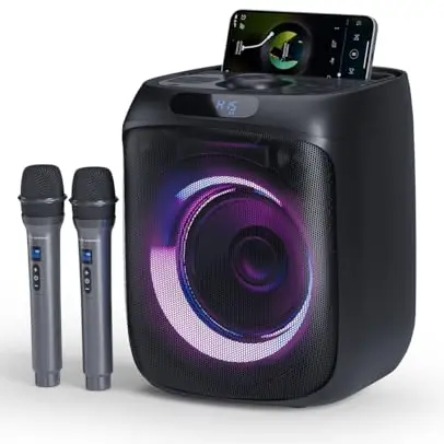 Karaoke Maschine mit 2 Mikrofonen, tragbare PA-Anlage mit LED-Lichtern, Bluetooth, FM Radio für Partys