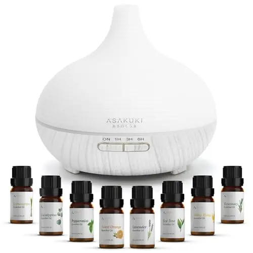 ASAKUKI Aroma Diffuser 300ml mit 8 ätherischen Ölen, 14 Farben LED, ideal für Yoga und Zuhause, leise 23dB