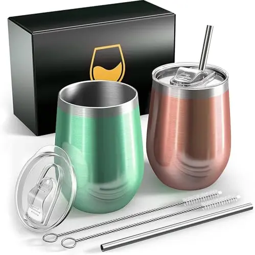FloweryOcean Edelstahl-Weinbecher, 2 Stück, 12 OZ - Doppelwandig, BPA-frei, Camping Geschenk für Frauen, Grün + Roségold