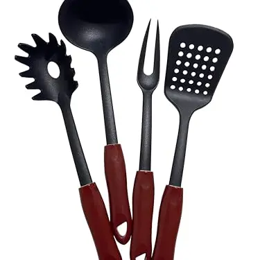 FUTURE OF FURNITURE 4-teiliges Utensilien-Set - Schwarz/Rot - Suppenkelle, Spaghetti-Löffel, Gabel, Wender