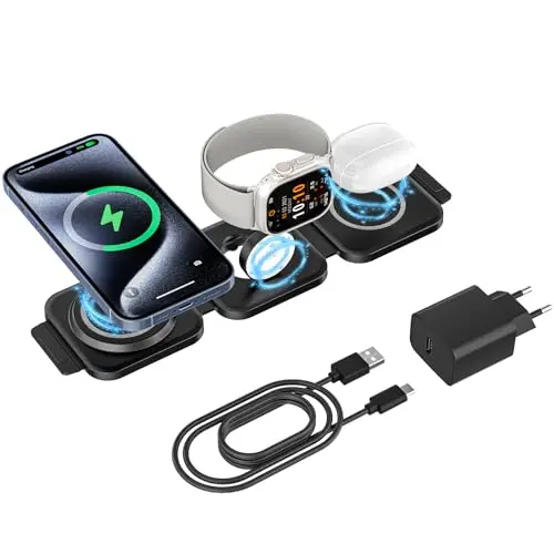 3-in-1 kabelloses Ladegerät für iPhone, AirPods und iWatch - Faltbare Ladestation für Reisen (Adapter enthalten)