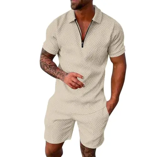 Herren Trainingsanzug Baumwolle, 2-teilig, bequem & atmungsaktiv, Sommer-Set, Sport- und Freizeitlook, Beige
