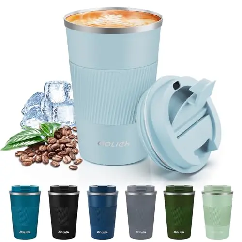 Aolieh Thermobecher 380 ml, Edelstahl, auslaufsicher, doppeltwandig, wiederverwendbar, hellblau