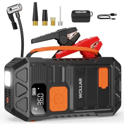WOLLAR 4000A Starthilfe Powerbank mit Kompressor, 24000mAh, 12V Auto Batterie-Booster, Reifenfüller, LED-Anzeige