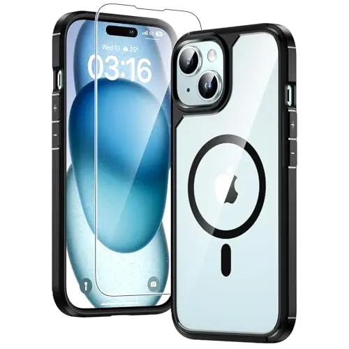 TAURI iPhone 15 Hülle 6,1" mit Panzer Schutz, MagSafe Kompatibel, Militärstandard Schutz, Stoßfest - Schwarz