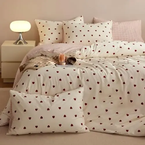 Sedefen Bettwäsche Set 200x200 cm für Mädchen, rot-weiß mit Herzen, Mikrofaser, ÖKO-TEX, mit Reißverschluss und 2 Kissenbezügen 80x80 cm
