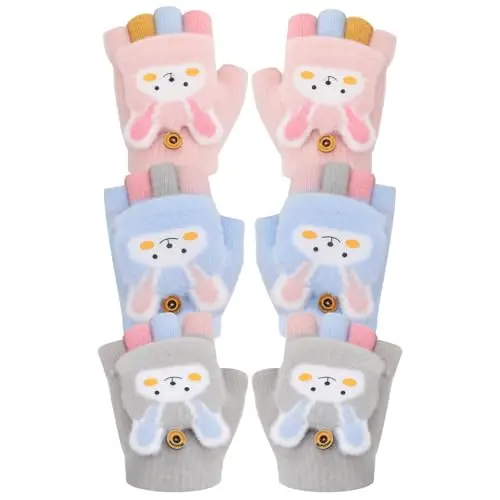 Partideal 3 Paar fingerlose Kinderhandschuhe, süße Cartoon Fäustlinge für Winter und Outdoor Aktivitäten