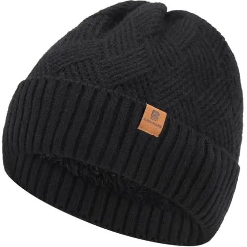 BARFULKER Winter Beanie Mütze Unisex Warm Gefüttert Weiche Strickmütze in Schwarz