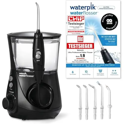 Waterpik Professional Water Flosser – Testsieger 2025, 6 Aufsätze, 10 Modi, Timer, Schwarz