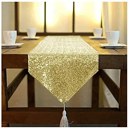 ShinyBeauty Tischläufer mit Quaste 30 x 180 cm in Hell Gold für Party und Hochzeit
