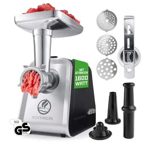 KOCHWERK elektrischer Fleischwolf mit Aufsätzen | verarbeitet bis zu 2000g/min für Hackfleisch, Kibbeh, Churros und Wurst