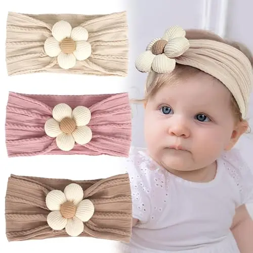 3 Stück Baby-Stirnbänder für Mädchen – Weiche Blumen-Haarbänder in Beige, Rosa und Khaki für Neugeborene und Kleinkinder