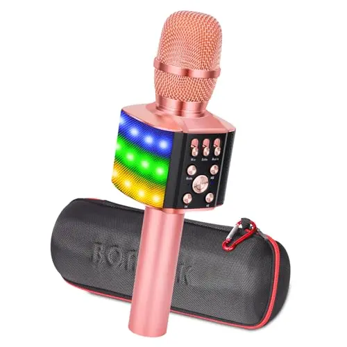 BONAOK Karaoke Mikrofon LED, 4-in-1 Bluetooth Mikrofon für Zuhause und Partys (Q36 Roségold)