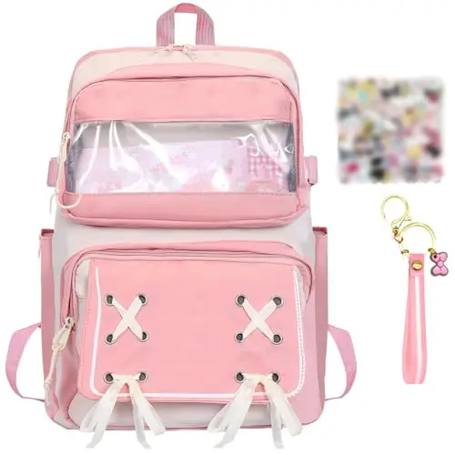 Boyigog 3D Schultasche für Mädchen mit Cartoon-Schlüsselanhänger und Aufkleber (Pink)