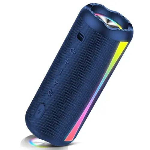 Bluetooth Lautsprecher, tragbar, IPX7 wasserdicht, 20W Stereo, RGB Licht, TWS, ideal für Reisen, Sport & Party – Blau