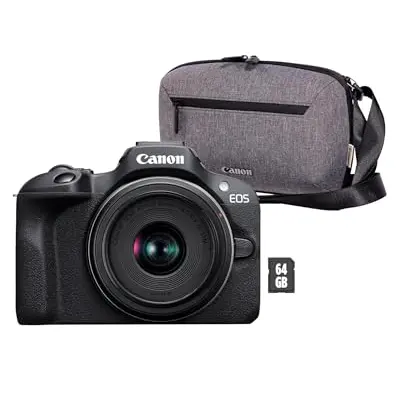 Canon EOS R100 Spiegelreflexkamera mit 18-45mm Objektiv, Tasche, 64GB Speicher und WLAN