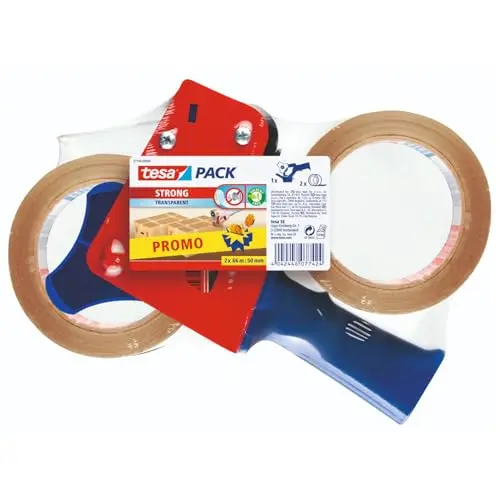 tesa Paketband-Abroller mit 2 transparenten Packbändern - 66 m x 50 mm