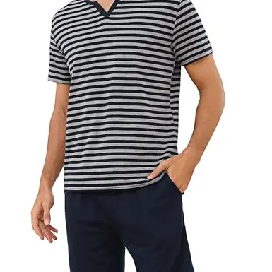 Bresdk Herren Pyjama Set kurz Streifen Nachtwäsche Sleepwear Marineblau/Grau XL