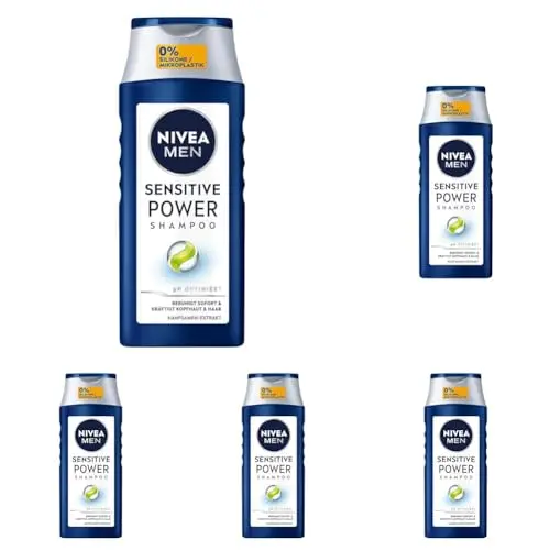 NIVEA MEN Sensitive Power Shampoo - Beruhigendes Shampoo für juckende Kopfhaut mit Hanfsamen-Extrakt (250 ml, 5er Pack)