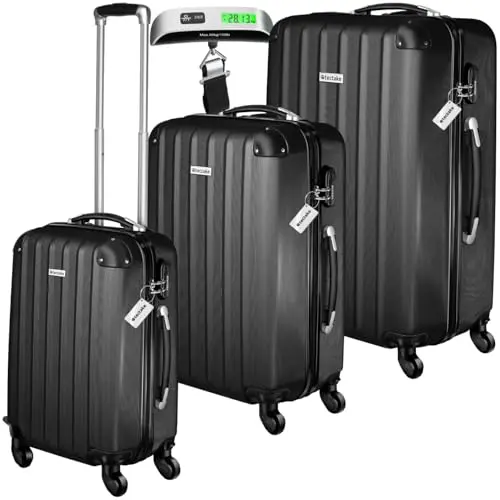 tectake® 3er Kofferset mit Kofferwaage & Anhänger, Hartschalen Trolley Reisekoffer Set M-L-XL - schwarz