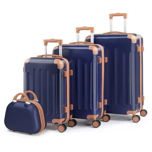 LALAHO Hartschalen-Kofferset 4 Teile, mit Rollen, Große Reisekoffer, Koffer & Trolleys mit Kosmetikkoffer, Navy-Braun