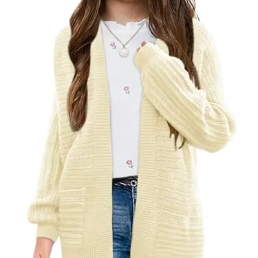 Mädchen Strickjacke Weiß 7-8 Jahre - Leichter Langarm Cardigan mit Taschen
