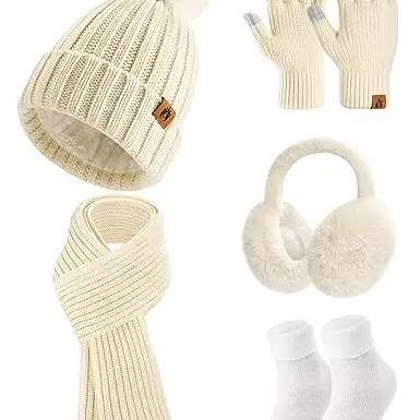 Niwicee Damen Winter Set: Fleece Hut, Handschuhe, Schal & Ohrenschützer - Beige - 5 Teile