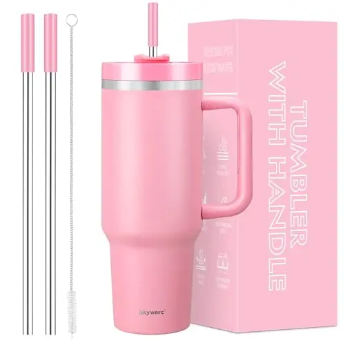 Trinkbecher mit Griff und Strohhalm, auslaufsicher, vakuumisolierter Edelstahl, doppelwandige Wasserflasche, Geschenk für Frauen